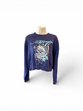 Ed Hardy Cropped Sweatshirt XL Navy Graphic Koi Fish Tattoo Style